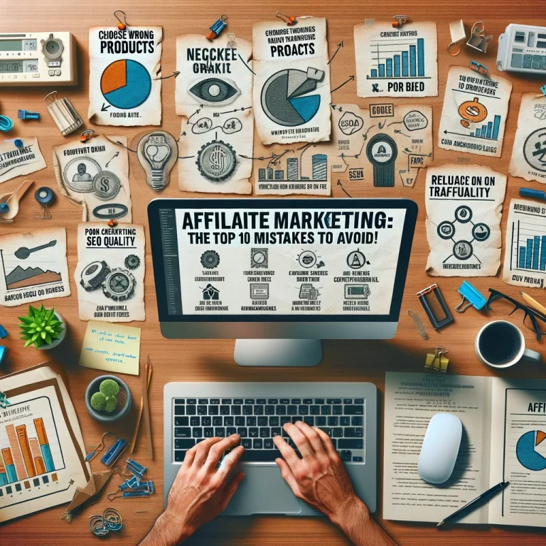 Photorealistic depiction of a marketer’s workspace, with notes on common affiliate marketing mistakes, a computer showing analytics, and SEO tools.