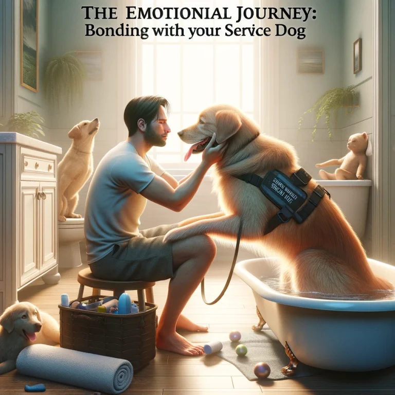 A photorealistic image capturing intimate moments between a service dog and its handler, including grooming, training, playing, and a shared sense of understanding and empathy.