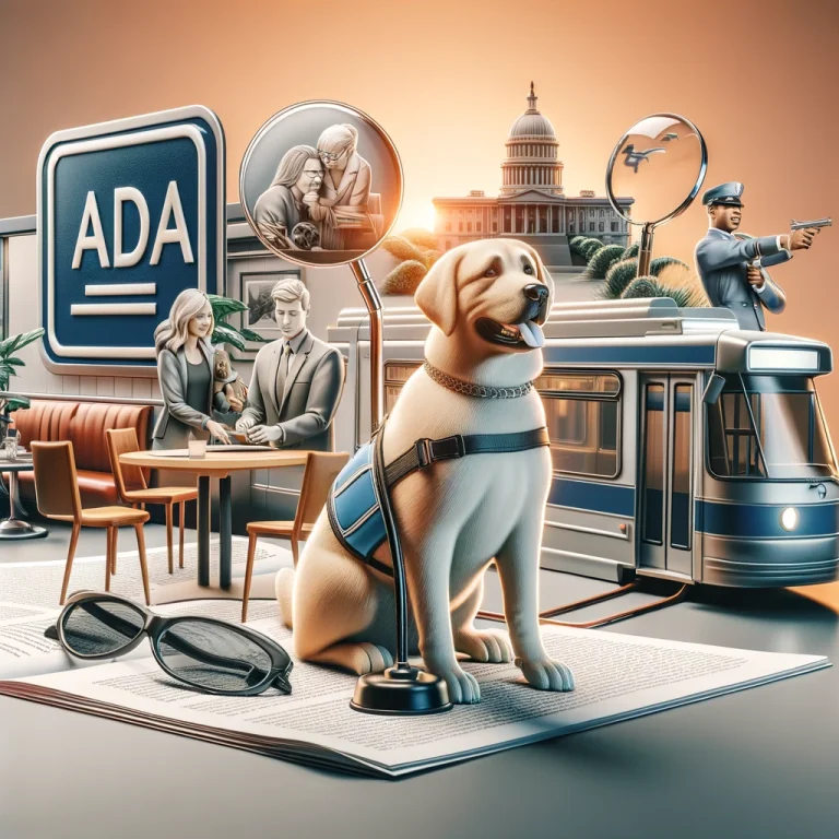 A photorealistic image depicting a service dog in diverse settings like a restaurant, office, and public transport, symbolizing ADA rights for access and accommodation.