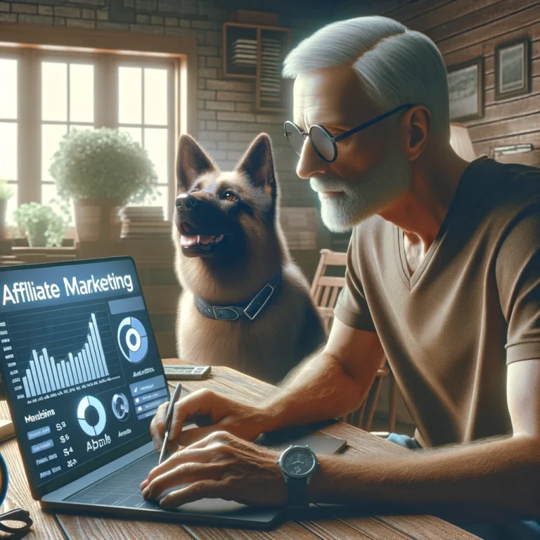 Photorealistic image of Chris Roberts, a man in his late 50s, intently working on affiliate marketing on his laptop in a home office, with his service dog sitting beside him, symbolizing their joint journey toward financial freedom.