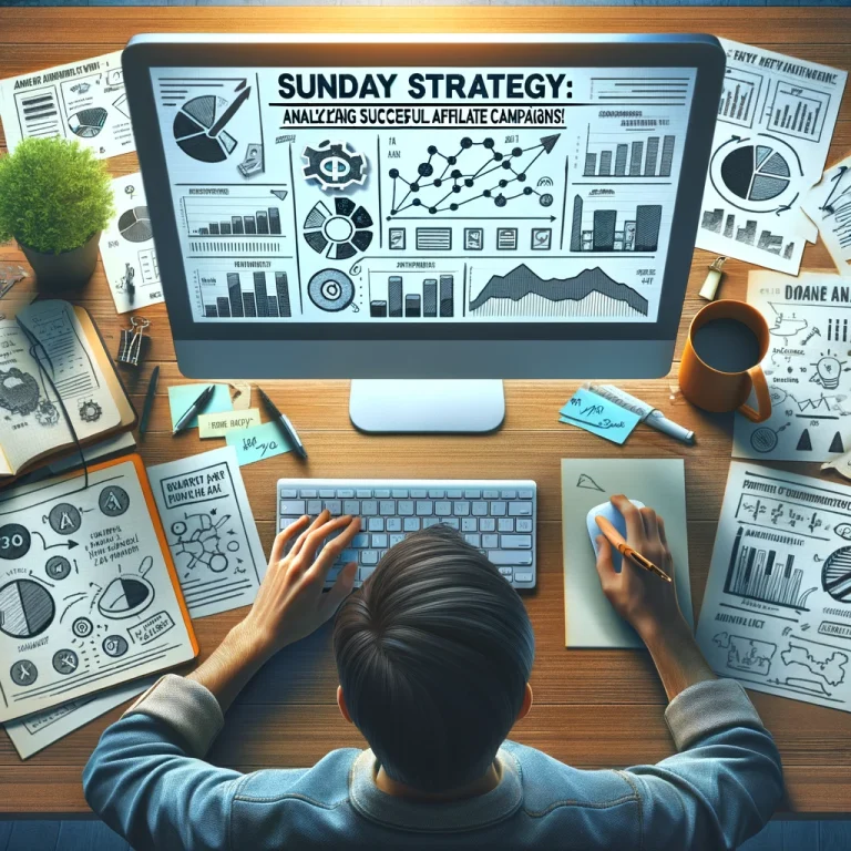 Photorealistic image of a marketer analyzing successful affiliate campaign analytics on a computer, surrounded by notes and graphs.