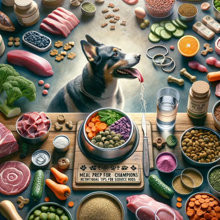 Photorealistic image of a service dog enjoying a nutritious meal with lean meats, vegetables, grains, and supplements, alongside a water bowl and meal prep containers.