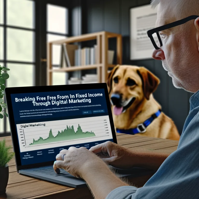 Photorealistic image of a man in his late 50s, Chris Roberts, working on a laptop in a well-organized home office, with a service dog sitting loyally beside him.