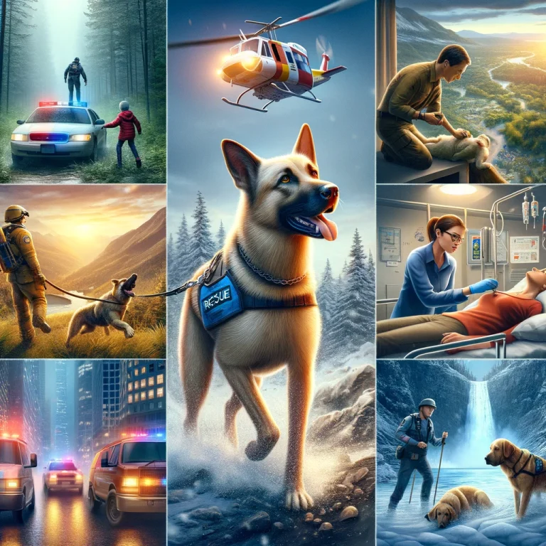 Photorealistic depiction of service dogs in various rescue scenarios including searching in woods, medical alert in public, avalanche rescue, and city protection