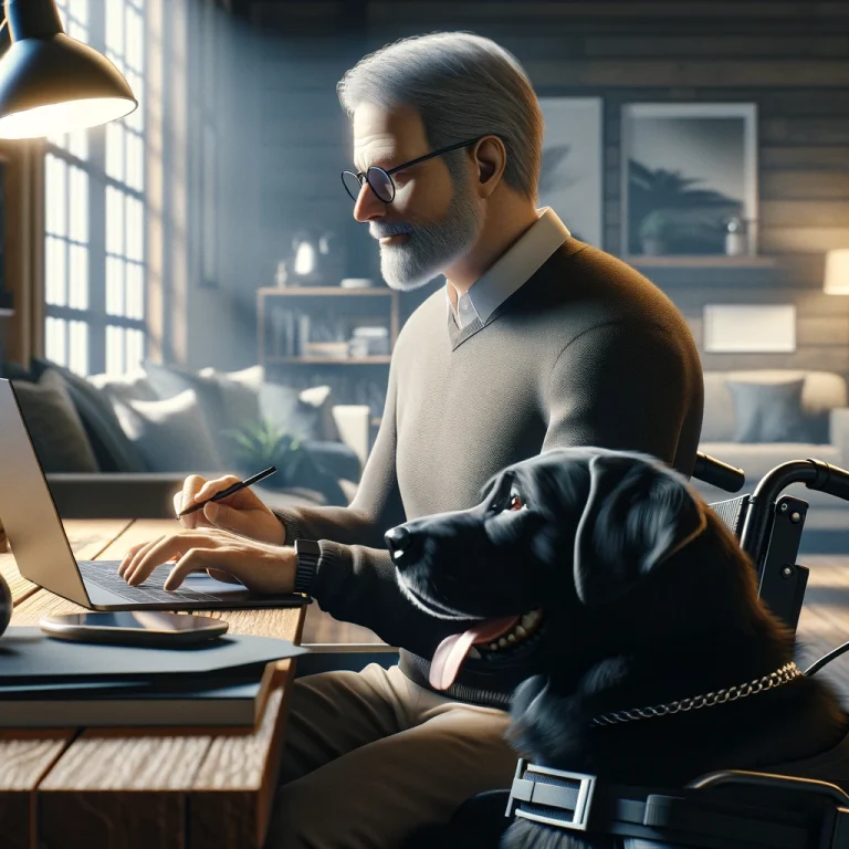 Photorealistic image of Chris Roberts, a man in his late 50s, focused on his laptop in a home office, with his service dog, Sasha, sitting beside him, symbolizing their joint journey in digital marketing