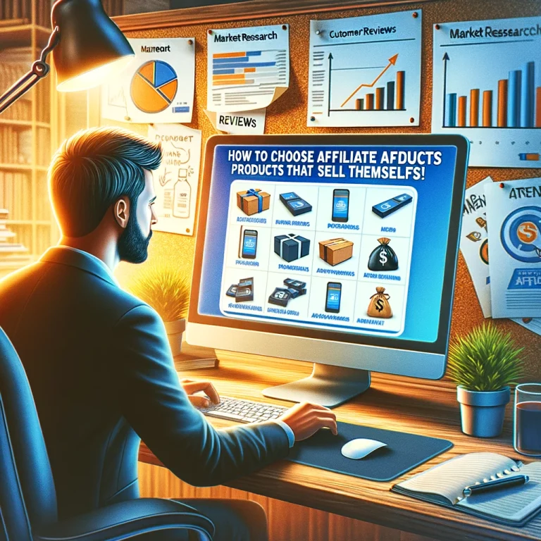 A photorealistic image of a digital marketer at their desk, analyzing a selection of affiliate products on a computer screen, surrounded by market research and trend analysis charts.