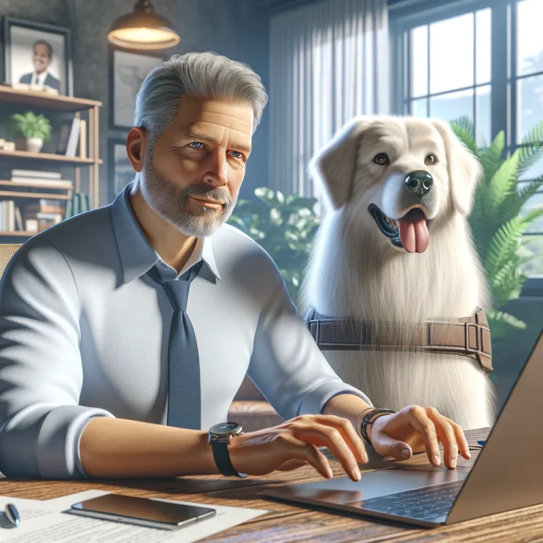 A clean-shaven man in his late 50s, Chris, focused on his laptop in a home office, with his service dog Sasha, a mix of Great Pyrenees, Lab, and Staffordshire Terrier, having long white hair and a terrier-like face, sitting beside him.