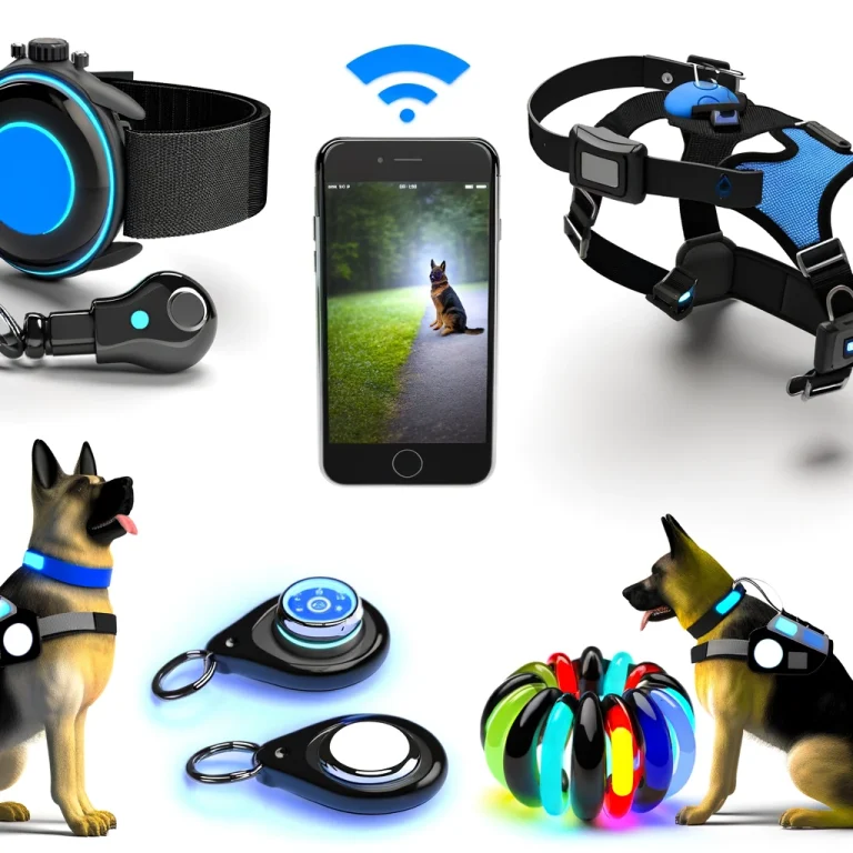 Photorealistic image showcasing advanced gadgets for service dogs, including a GPS smart collar, a training clicker linked to a smartphone, a sensor-equipped communication harness, and LED safety gear.