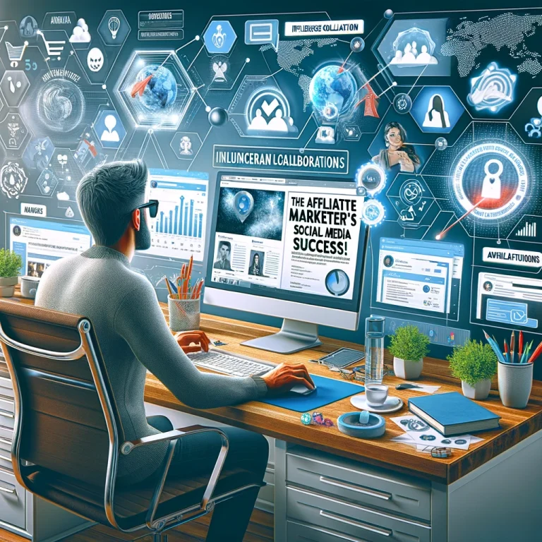 A photorealistic image of an affiliate marketer at a computer, engaging with various social media platforms, displaying content, analytics, and user interactions.