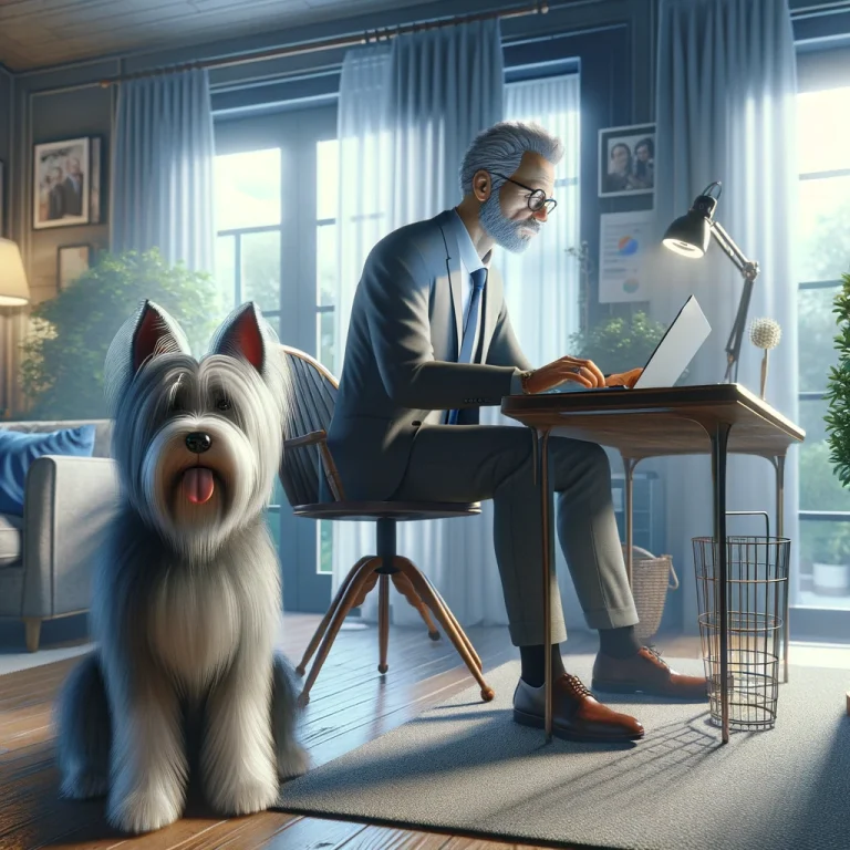 A photorealistic image of Chris, a man in his late 50s, intently working on a laptop in his home office, with Sasha, his service dog with long white hair and a terrier-like face, sitting beside him, symbolizing the fusion of his passion for service dogs with a successful digital marketing career.