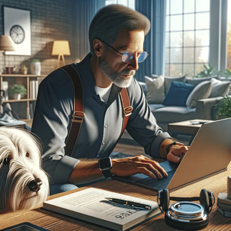 A photorealistic image of a man in his late 50s, named Chris, concentrating on his laptop in a well-lit home office, with his service dog Sasha, who has long white hair and a terrier-like face, sitting loyally beside him.