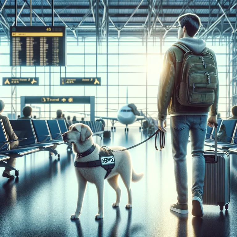 In a bustling airport, a traveler calmly walks with their attentive service dog, both navigating the busy terminal with ease. The service dog, adorned in a vest, shows readiness and calmness, reflecting a well-prepared travel experience.