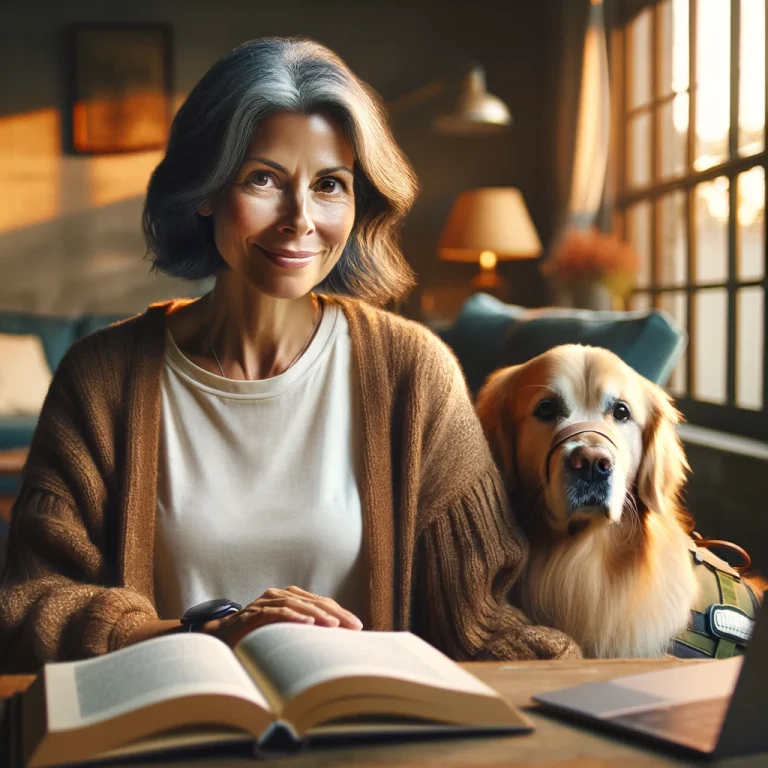 A serene mid-40s woman with blue hair, reading a book in a cozy room beside her golden retriever service dog.