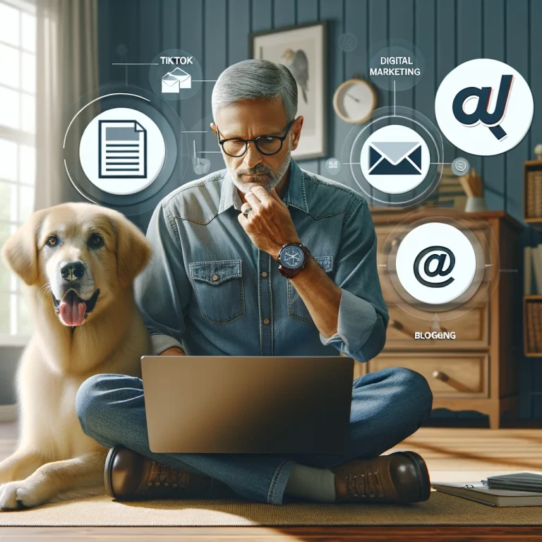 Photorealistic image of Chris, a man in his late 50s, working on digital marketing on his laptop in a home office, with Sasha, his service dog, beside him. The scene includes visual cues representing TikTok, email, and blogging.