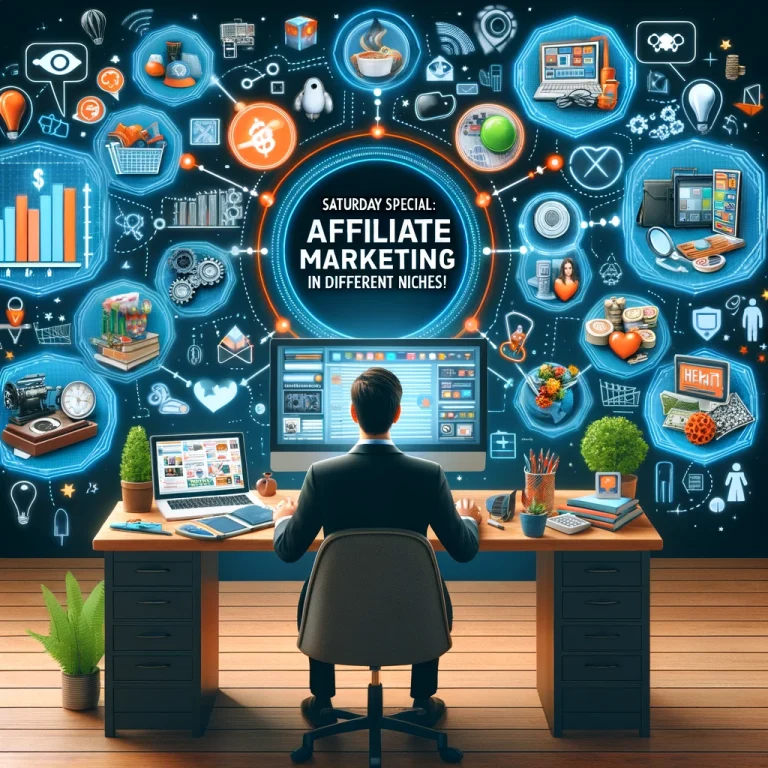 A digital marketer surrounded by screens, each displaying different niche markets like technology, fashion, health, and pets, illustrating the diversity in affiliate marketing.