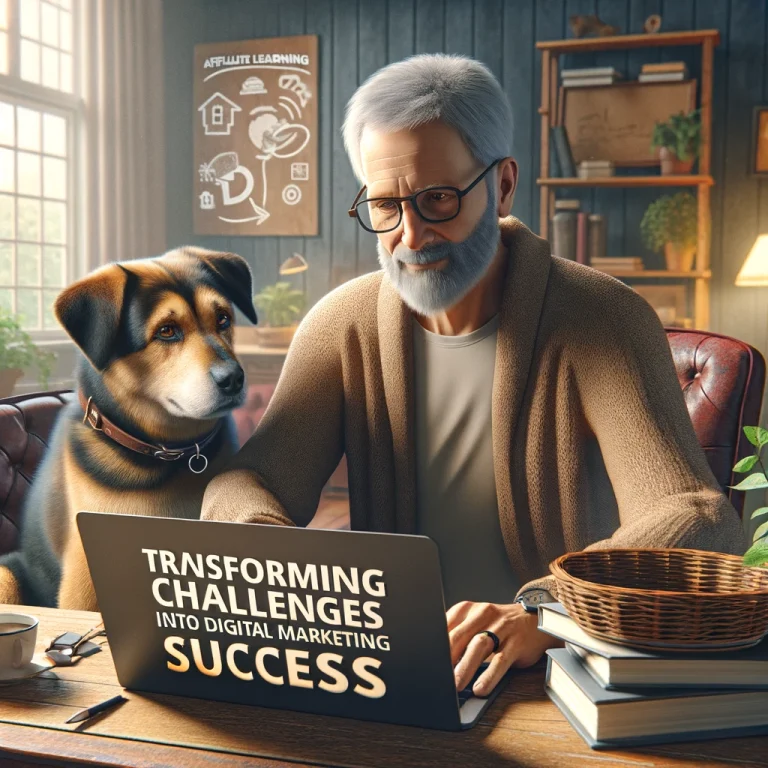 Man with glasses and his loyal dog beside a laptop displaying 'Transforming Challenges into Digital Marketing Success.'