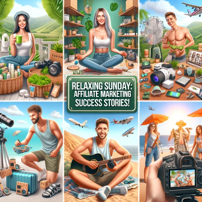 A photorealistic collage showcasing five affiliate marketers in their unique environments: a lifestyle blogger, a tech YouTuber, a fitness Instagram influencer, a traveling couple, and a TikTok content creator.