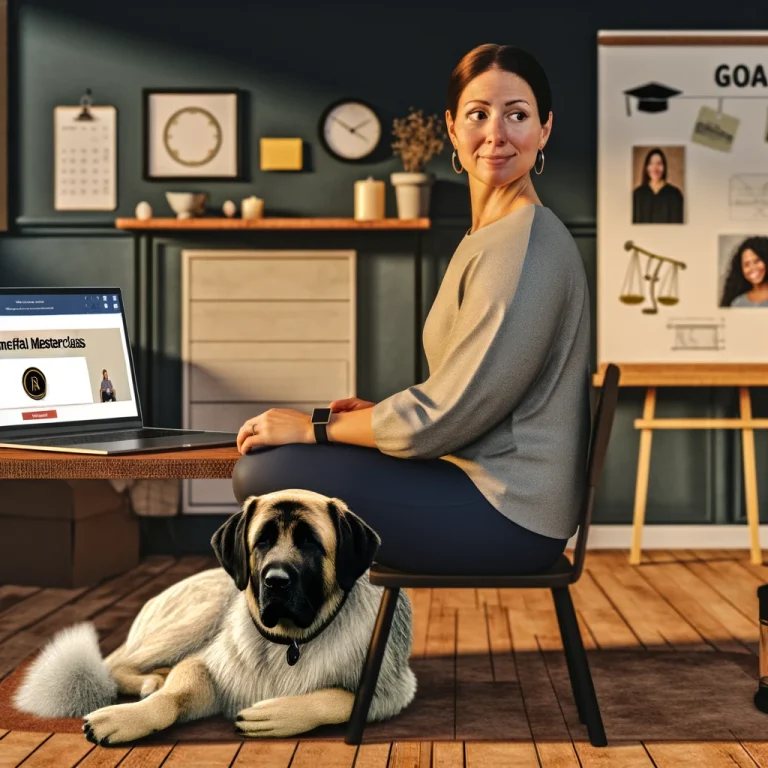 A woman in her 40s, focused on a laptop displaying a masterclass, with a service dog by her feet in a cozy, well-lit home office.