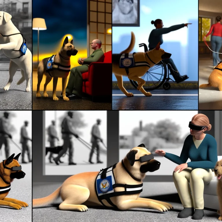 A photorealistic depiction of service dogs performing various vital roles: one guiding a visually impaired person, another alerting an individual to a medical emergency, and a therapy dog offering comfort, set against diverse backgrounds like a city street and a home.