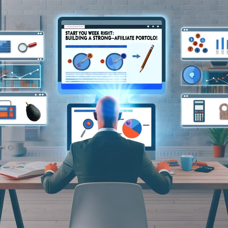 A photorealistic image of a marketer at their workstation, surrounded by computer screens displaying various affiliate products from different niches, along with market research data and performance analytics.