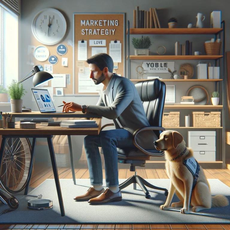 Chris, in his late 50s, working on digital marketing in a home office, with his service dog Sasha beside him.