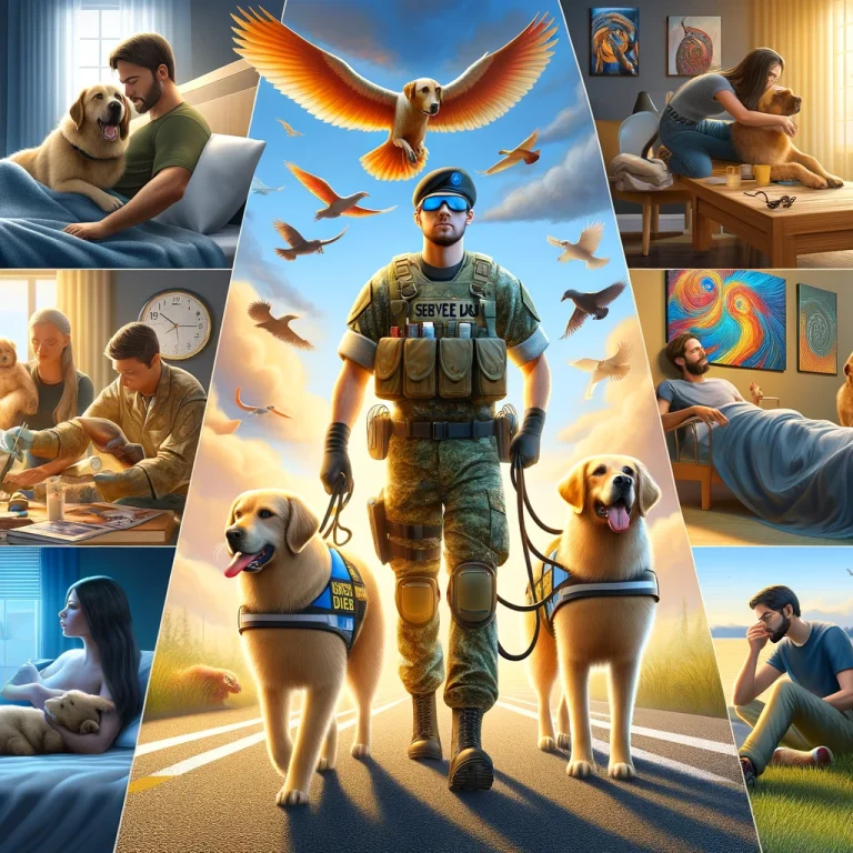 Photorealistic depiction of various service dogs in action. One is guiding a visually impaired person, highlighting its specific training for such tasks. Another dog is seen providing emotional support to an individual, showcasing its role in mental health support. A third service dog is depicted enjoying its downtime, playing and resting, illustrating the balance in their work and relaxation life.