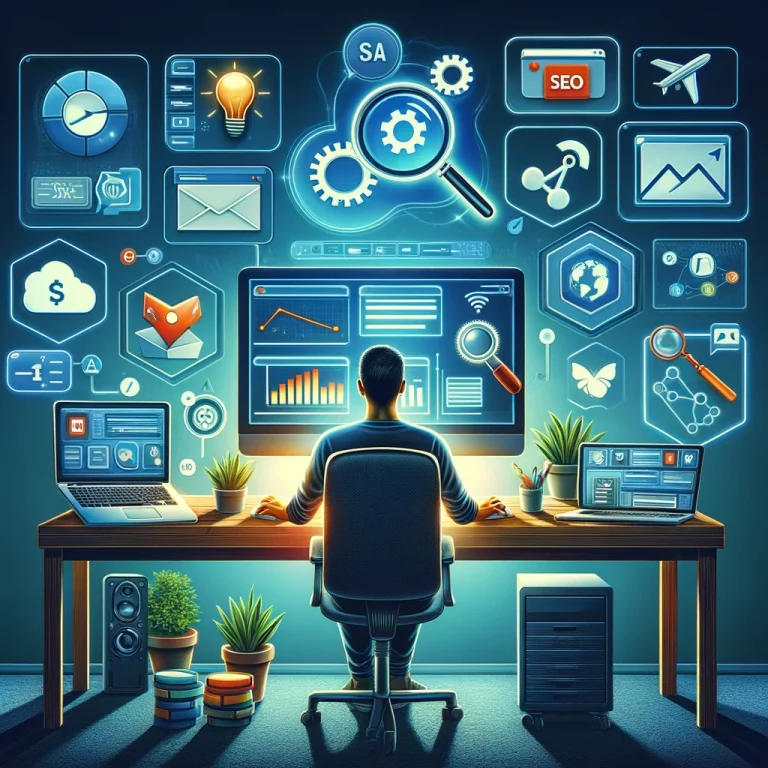 A photorealistic depiction of an affiliate marketer's workspace, featuring a computer with analytics and SEO tools, email marketing software, social media management platforms, and graphic design applications.