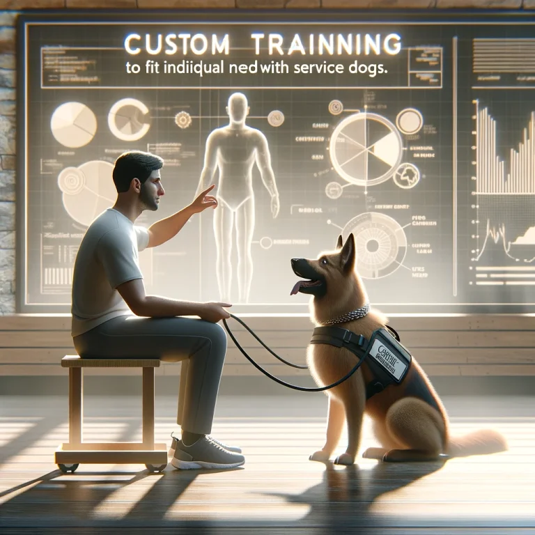 A photorealistic image of a service dog and its handler engaged in a focused training session. The dog is attentively learning a specific task, uniquely designed to meet the handler's personal needs, set in a serene and concentrated training environment.