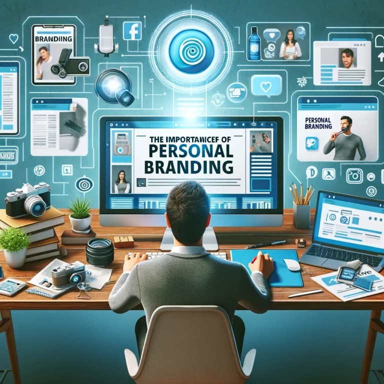 A photorealistic image of an affiliate marketer at a desk, working on a computer displaying a personal branding website. The desk is surrounded by marketing materials, a camera for content creation, and screens showing their unique brand identity on social media.