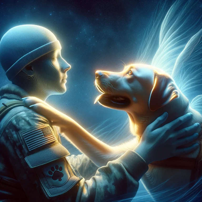 A photorealistic image capturing a tender moment between a service dog and its handler, illustrating deep emotional understanding. The dog is looking intently into the handler’s eyes, with a gesture of gentle touch, symbolizing the non-verbal emotional bond they share.