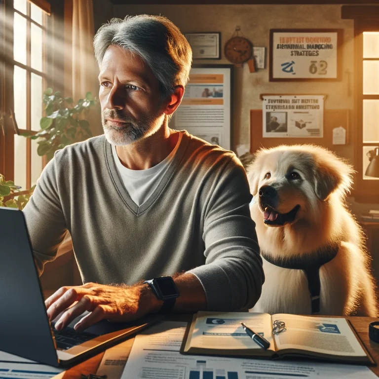 Man in late 50s with his service dog working on digital marketing strategies for financial independence.