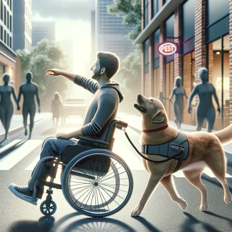 A photorealistic image depicting a service dog assisting a person with a disability in a public setting, symbolizing empowerment and independence. The dog, attentive and alert, guides its handler through a street, demonstrating the vital role of service dogs in advocating for disability rights and fostering inclusivity.