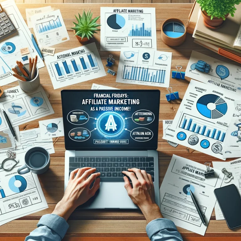 A photorealistic image of a person in a home office working on affiliate marketing. The scene includes a laptop displaying analytics, surrounded by notes and charts about different affiliate products and niches.