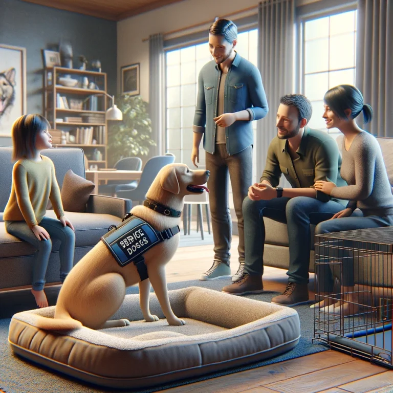 A photorealistic image of a service dog in a family living room, interacting gently with family members. The dog has its own bed or crate, symbolizing its personal space. The family's interaction respects the dog’s boundaries while welcoming it as a member, showcasing a balanced and inclusive home environment for the service animal.