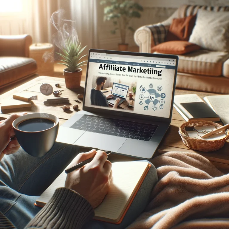 A photorealistic image depicting a relaxed Sunday morning with a person sipping coffee and working on a laptop displaying an affiliate marketing website, set in a cozy home environment with notes on the basics of affiliate marketing.