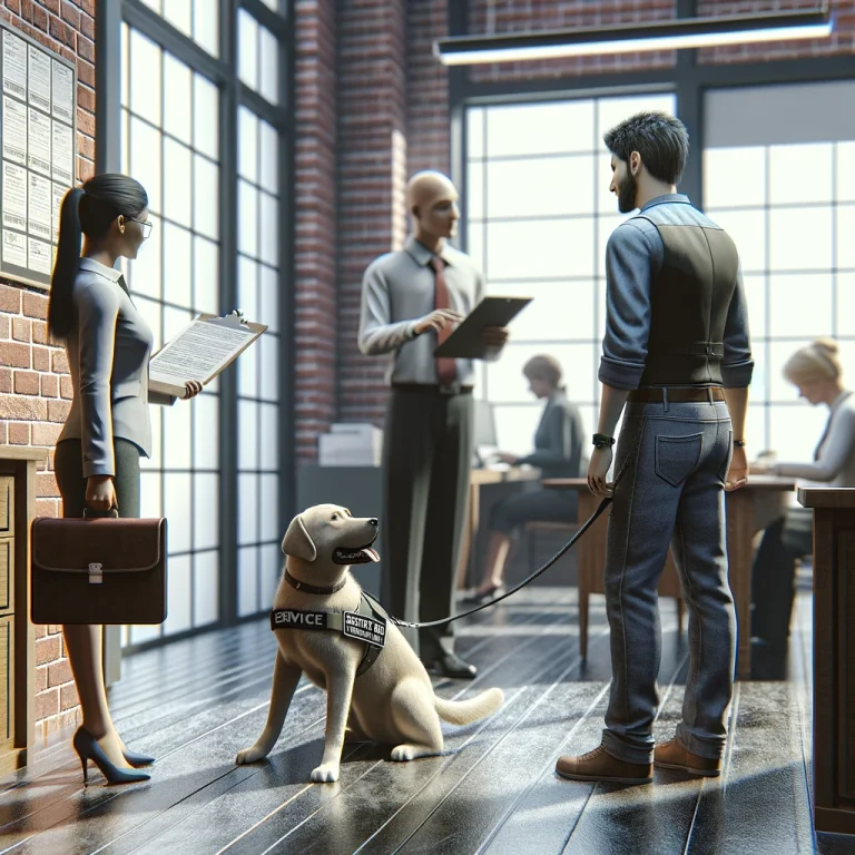 A photorealistic image showing a service dog in a vest beside its handler in a public space, with a business person engaging them in a respectful manner. The scene reflects the appropriate way to interact with a service dog and its handler, highlighting understanding and respect for their role without demanding papers.