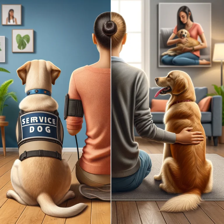 A photorealistic image showing a service dog in a 'Service Dog' vest performing a task beside its handler, contrasted with an emotional support dog providing calm companionship to its relaxed owner in a home setting.