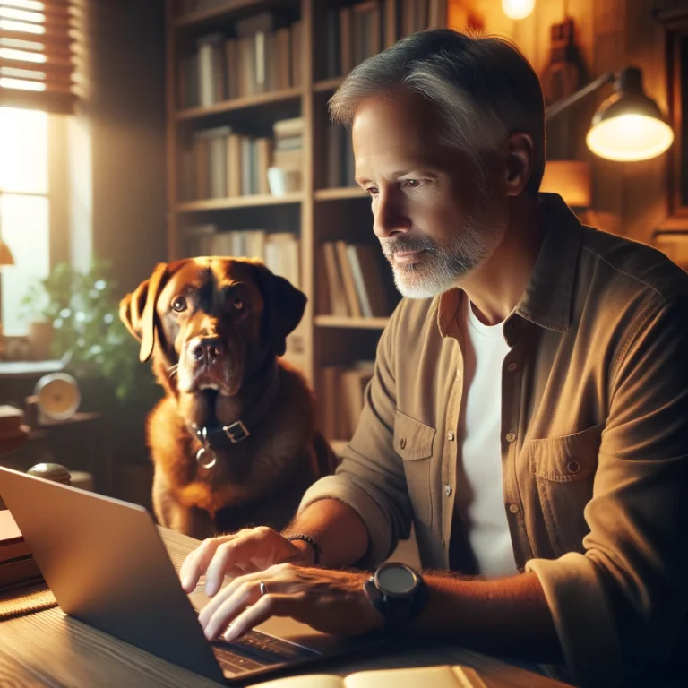 A man in his late 50s working in a home office with his service dog by his side, symbolizing empowerment through digital marketing.