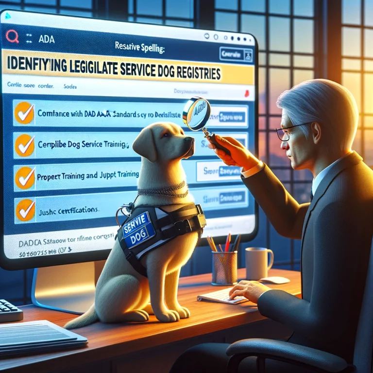 A photorealistic image of a person researching service dog registries on a computer, with a service dog wearing a vest nearby. The screen displays various registry websites, symbolizing the careful selection process for credible and ADA-compliant service dog registries.