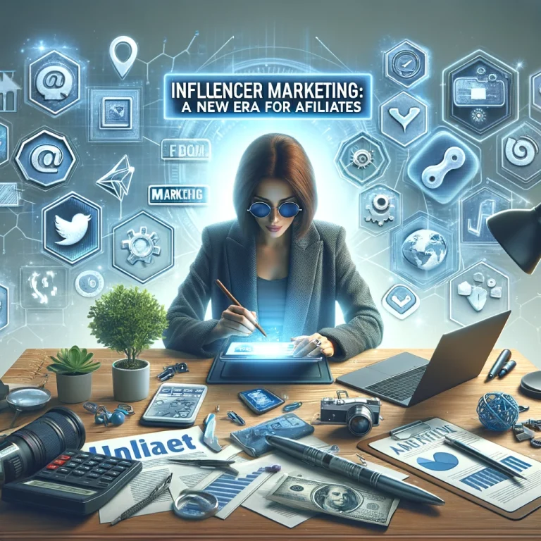 Photorealistic image of an influencer creating digital content in a professional setting, surrounded by marketing tools and social media elements, representing the impact of influencer marketing in affiliate strategies.