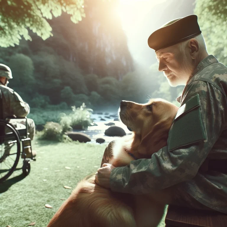 A photorealistic image of a service dog providing comfort to a veteran, likely experiencing PTSD symptoms. The dog is engaged in a soothing behavior, such as nuzzling or resting its head on the veteran’s lap, in a peaceful setting, symbolizing the support and safety provided by the service animal.