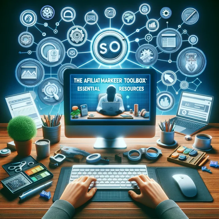 Photorealistic image of an organized affiliate marketer's desk with a computer displaying SEO software, surrounded by essential marketing tools and resources.