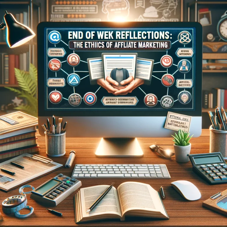 Photorealistic image of an affiliate marketer's desk, featuring a computer with ethical guidelines on the screen, surrounded by various marketing tools emphasizing ethical practices in affiliate marketing.