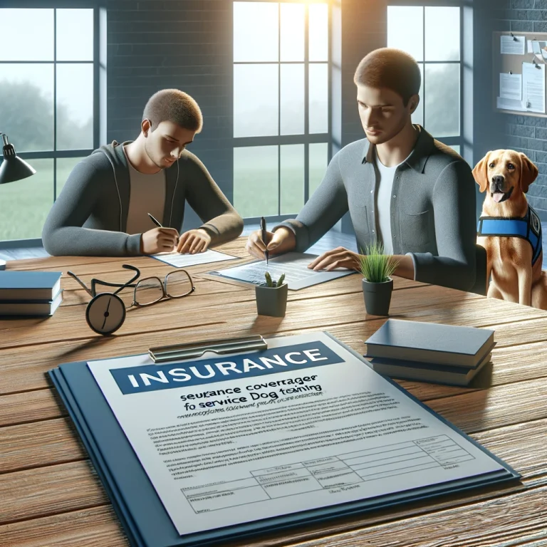 A photorealistic image of a person sitting at a desk, intently examining insurance documents, with a service dog sitting beside them. The setting reflects the theme of researching insurance coverage options for service dog training, as detailed in the accompanying blog post.