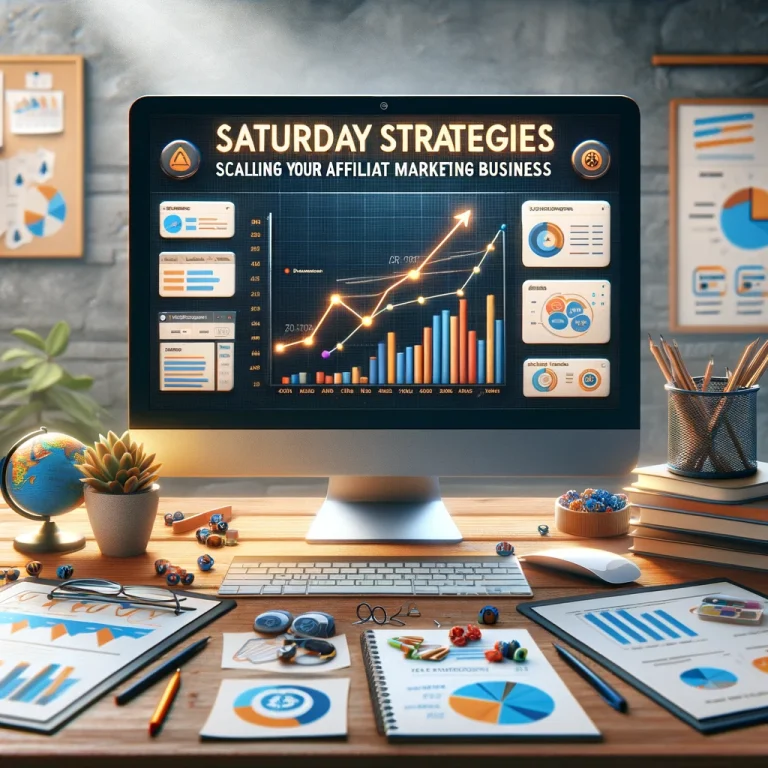 Photorealistic image showcasing a professional workspace with a computer displaying growth charts and marketing tools, symbolizing effective strategies for scaling an affiliate marketing business.