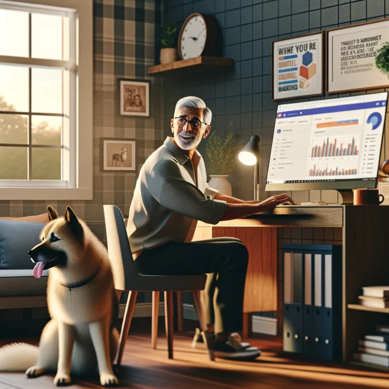 A person in their late 50s, focused on digital marketing work on a computer, with their service dog Sasha sitting beside them in a cozy, home office environment.