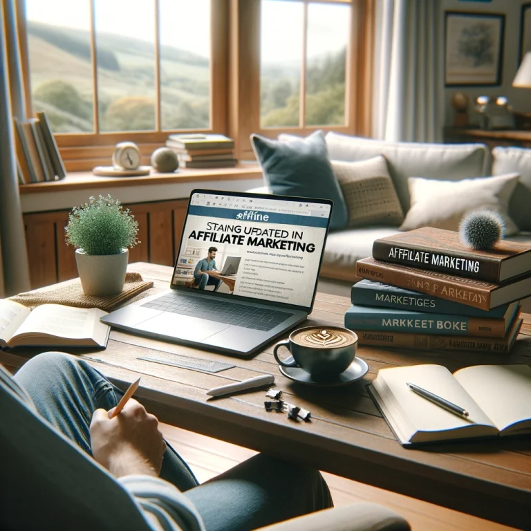 "Person sitting at a desk on a relaxed Sunday, engaging in affiliate marketing research with a laptop, books, coffee, and notes.