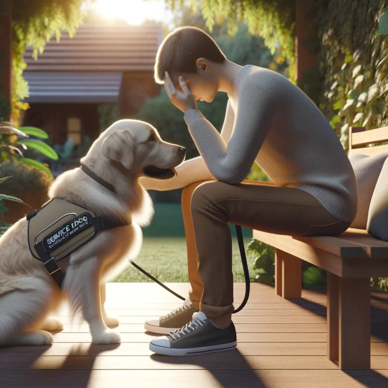 A photorealistic image depicting a service dog providing deep pressure therapy to a person in a serene environment, symbolizing the dog's role in alleviating anxiety symptoms.