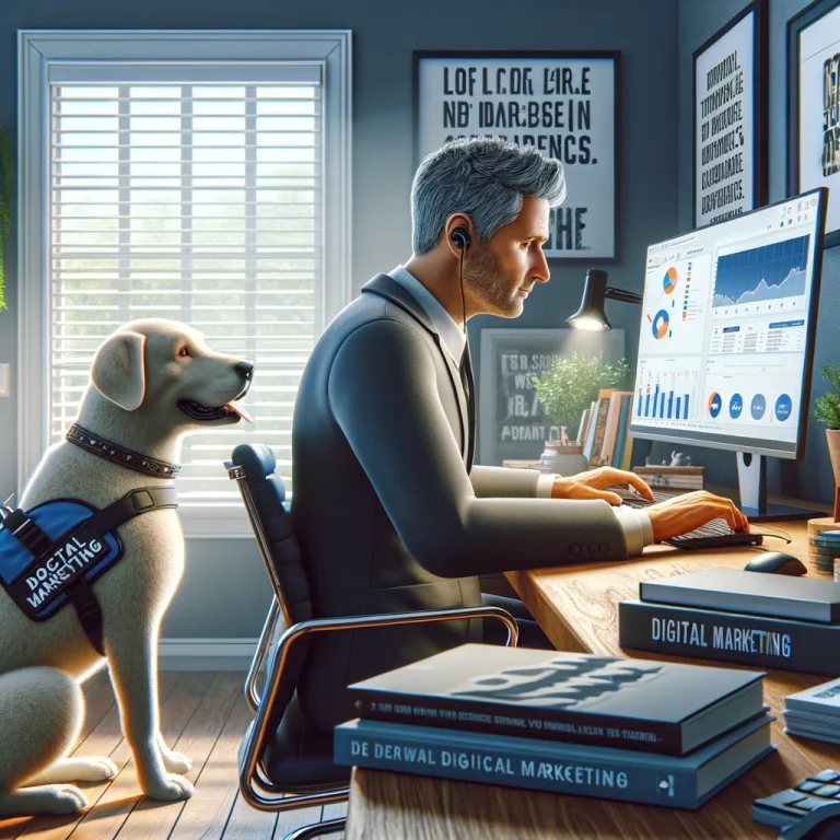 A person in their late 50s intensely focused on digital marketing on their computer in a home office setting, with their loyal service dog, Sasha, sitting beside them.