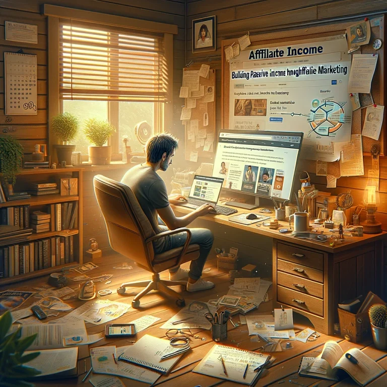 A home office scene with a person focused on a laptop displaying an affiliate marketing blog. Scattered notes, digital marketing books, and a bulletin board with planning strategies are visible.